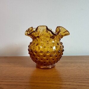 Fenton Amber Gold Glass Hobnail Ruffled Edge Vase‎ Vintage Home Decor